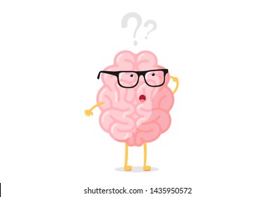 Funny human brain thought character with glasses thinks over question mark. Seeking answer cartoon brain concept. Strong cartoon central nervous system organ seeking answer vector illustration