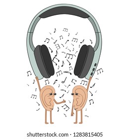 Funny human ears listen to your favorite music from headphones. Cartoon