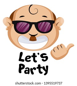 Funny human emoji with let's party sign, illustration, vector on white background.