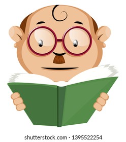 Funny human emoji reading a green book, illustration, vector on white background.