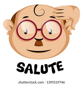 Funny human emoji with a salute symbol and letters, illustration, vector on white background.