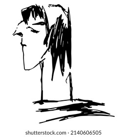 Funny human head in profile. Hand drawn linear doodle rough sketch. Black silhouette on white background.