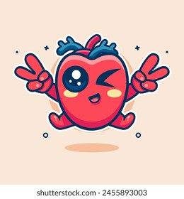 funny human heart organ character mascot with peace sign hand gesture isolated cartoon 