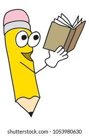 Funny human like cartoon yellow pencil character reading a book vector Illustration isolated on a white background