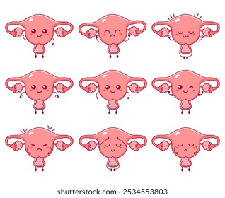 Funny human organ uterus character with vector hand drawn cartoon kawaii character