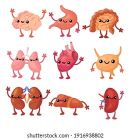 Funny human organs flat set for web design. Cartoon cute stomach, lungs, spleen, bladder, kidney and brain isolated vector illustration collection. Anatomy and internal biology for design concept