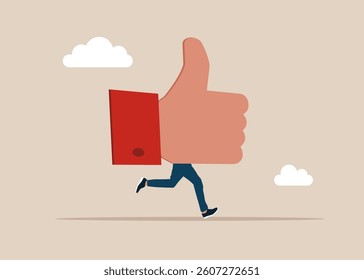 Funny human running a thumb up shape instead of body. Succeed in work. Customers showing like, giving support to top service. Rating, survey, marketing, business success. Positive feedback. 