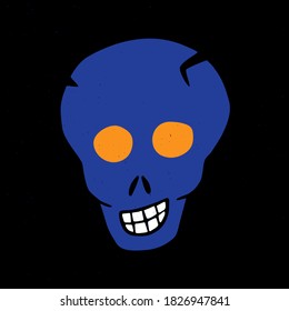 Funny human skull. Cute Halloween icon. Vector shabby hand drawn illustration
