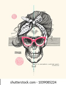 Funny human skull with elegant 60s hairstyle, headband and cat eye glasses against stripes and circles on background. Trendy vector illustration in engraving style for poster, banner, t-shirt print.