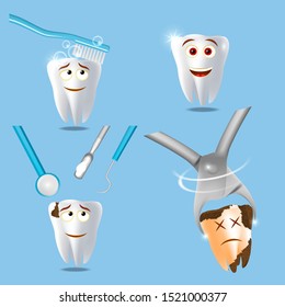 Funny human teeth set, vector isolated illustration. White brilliant healthy tooth, dental treatment, tooth extraction and toothbrushing procedures. Dental services concept for poster, banner etc.