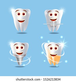 Funny human teeth set, vector isolated illustration. White brilliant healthy tooth, dental braces, implant and teeth whitening. Dental services concept for poster, banner etc.