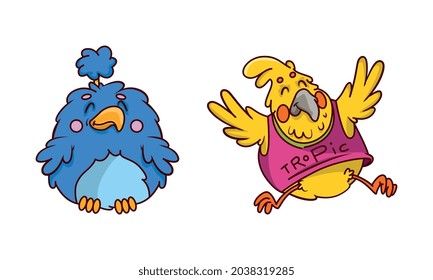 Funny Humanized Bird Character Dancing and Smiling Vector Set