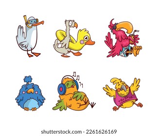 Funny Humanized Bird Character Listening to Music with Headphones, with Snorkeling Tube, Drinking Cocktail and Carrying Rubber Ring Vector Set