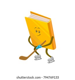 Funny humanized book character playing hockey on ice cartoon vector Illustration