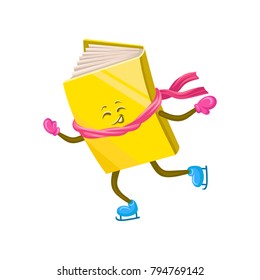 Funny humanized book character skating on ice cartoon vector Illustration