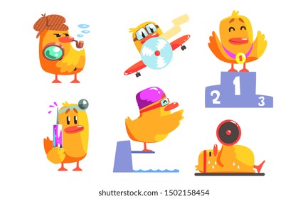 Funny Humanized Chicken Cartoon Character in Various Situations Set, Funny Bird Activity Vector Illustration