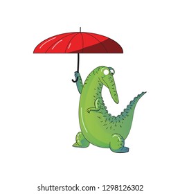 Funny humanized crocodile holding bright red umbrella. Green alligator. Wild animal. Cartoon vector design