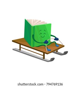 Funny humanized green book character riding on a sled cartoon vector Illustration