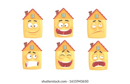 Funny Humanized Houses Collection, Cute Building Cartoon Character with Various Face Expressions Vector Illustration