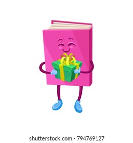 Funny humanized pink book character holding gift box cartoon vector Illustration