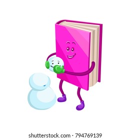 Funny humanized pink book character making snowman cartoon vector Illustration