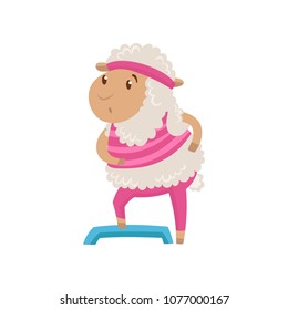 Funny humanized sheep doing fitness exercise using step platform. Farm animal in pink sportswear and headband. Flat vector design