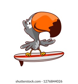 Funny humanized toucan standing on surfing board. Summer activity. Tropical bird. Cartoon vector design