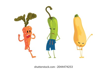 Funny Humanized Vegetables Feeling Sad and Shouting Vector Set