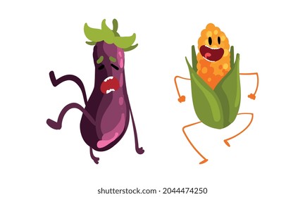 Funny Humanized Vegetables with Open Mouth Shouting and Laughing Vector Set
