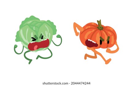 Funny Humanized Vegetables Shouting in Anger and Frowning Vector Set