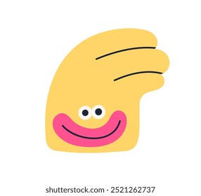 Divertido personaje de humor con sonrisa feliz. Linda y peculiar emoción cómica, expresión. Emoji creativo y juguetón en estilo doodle infantil. Ilustración vectorial plana aislada sobre fondo blanco