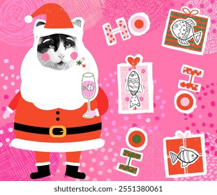 Funny humorous Santa Claus cute vector cat, gift boxes with fish, holiday greeting card, poster or banner
