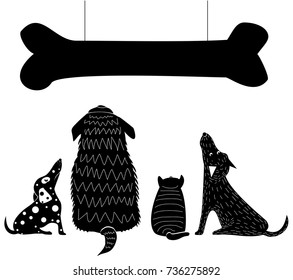 Funny hungry dogs look at a huge bone. Silhouettes of different breeds of dogs in vector