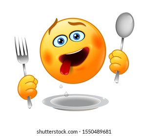 Funny hungry emoticon with spoon and fork. Vector illustration.