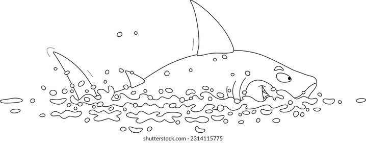 Funny hungry great white shark swimming and hunting in a tropical sea, black and white outline vector cartoon illustration for a coloring book page