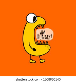 Funny hungry monster game creature character. With text I am hungry! in his big open mouth. Yellow color, isolated on orange background. Cartoon style.
