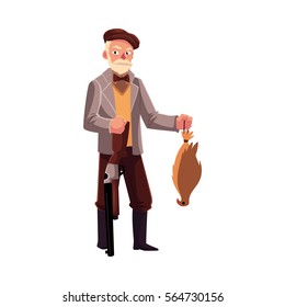 Funny hunter in jacket standing, holding rifle and falcon, cartoon vector illustration isolated on white background. Full length portrait of gentleman hunter with a gun and falcon