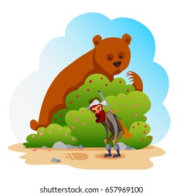 The funny hunter is looking for a bear. Funny children's illustration in a flat style.