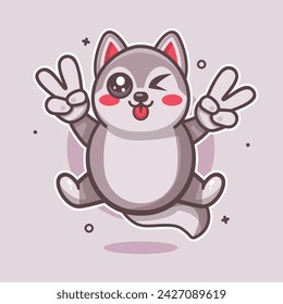 funny husky dog animal character mascot with peace sign hand gesture isolated cartoon 