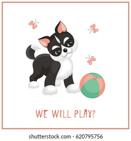 Funny husky puppy. Vector illustration in cartoon style.