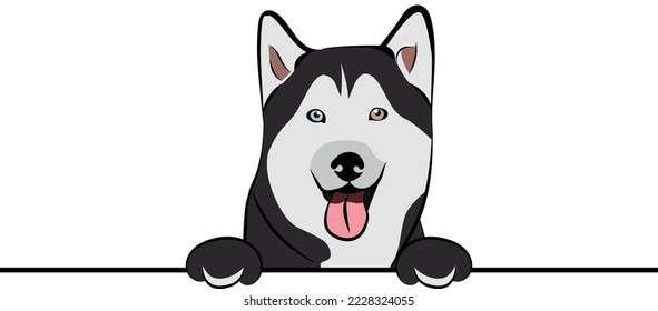 Funny Husky winter dog with paws over a white wall, in a pocket vector illustration. Funny dog smiling. Cute dog head on a white background. Hand-drawn mascot. Smiling dog muzzle. BFF.