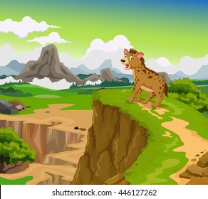 funny hyena cartoon with beauty mountain landscape background
