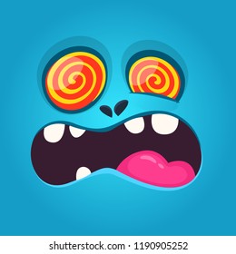 Funny Hypnotized Cartoon Monster Face. Vector Halloween blue scary monster design