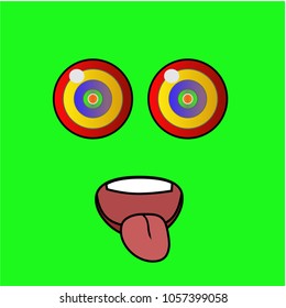 
Funny hypnotized with colorful eyes like targets emoji smile from emotions set. Isolated on green background.