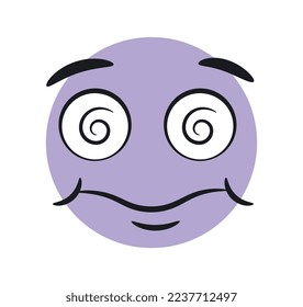 Funny hypnotized emoticon. Surprised and confused purple character, uncertainty. Sticker for social networks and messengers. Facial expressions and moods, feelings. Cartoon flat vector illustration
