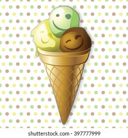 Funny ice cream balls in a cone + seamless polka-dot pattern as a background               