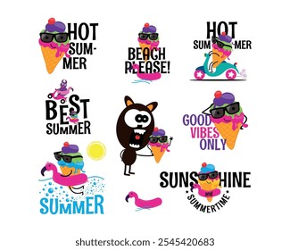 Funny Ice cream character. Best summer, Good vibes only, summertime. Cartoon style. Vector. 