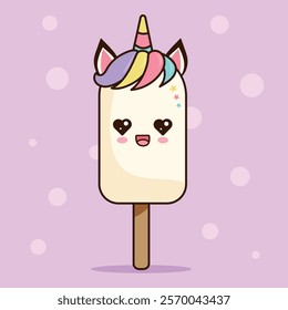  Funny ice cream character on a stick with a unicorn face in kawaii style. Isolated vector illustration.