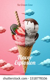 Funny ice cream cone ads with strawberry and chocolate vanilla flavor on cute cloudy background in 3d illustration