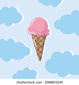 Funny ice cream cone ads on cute cloudy background. Flat design.